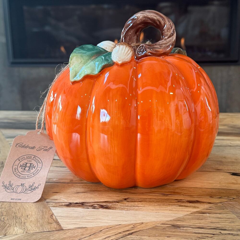 Fitz & Floyd Autumn Harvest Orange Ceramic Pumpkin Figurine 8.5” Fall Decor NWT